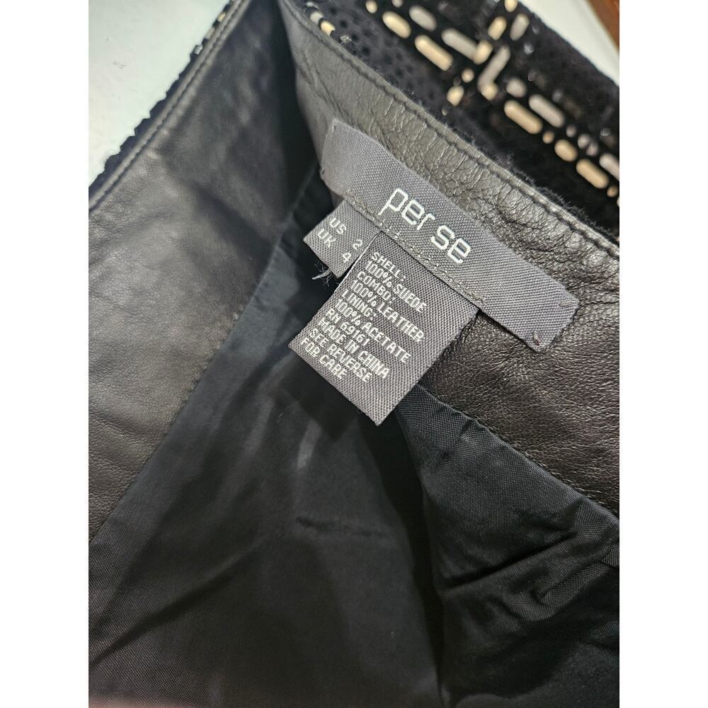 Per Se Leather Suede Perforated Plaid Black High Waist Knee Length Skirt Sz 2 XS - Picture 7 of 7